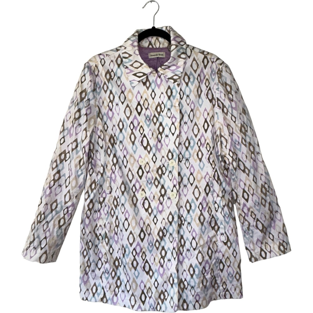 Amanda Smith Womens Geometric Diamond Print Double Breasted Trench Coat Size 14